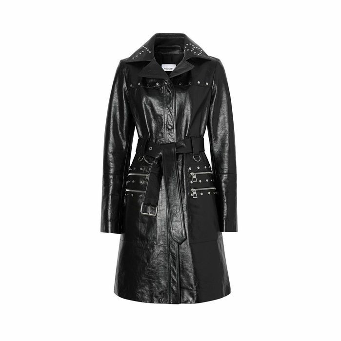 Studded Crinkled Leather Trench Coat