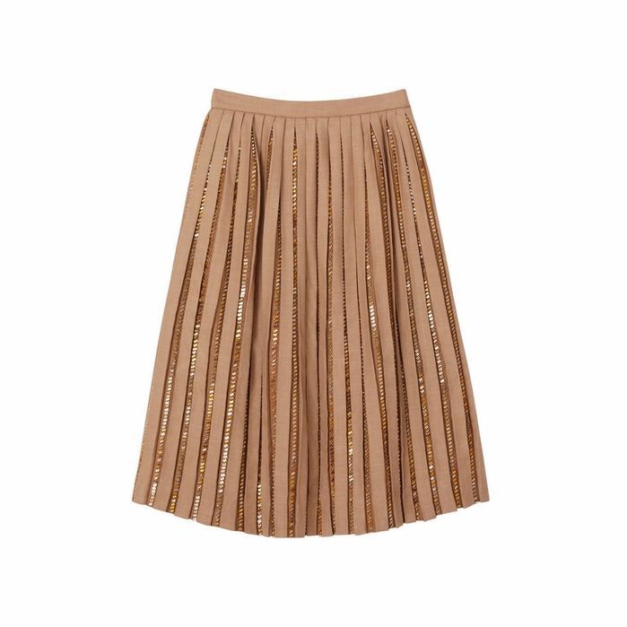 Crystal Detail Plisse Soleil Wool Silk Blend Skirt