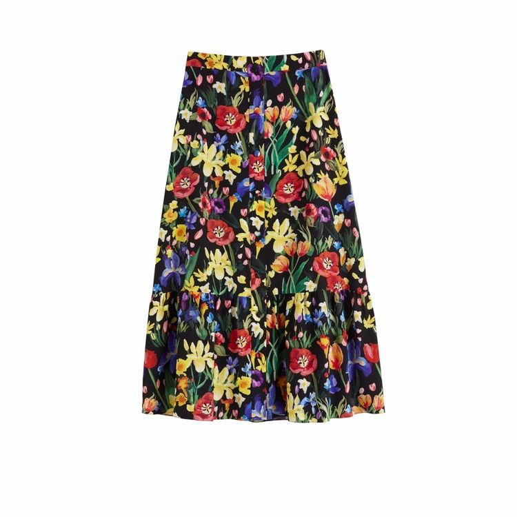 Black Charleston Floral-print Silk Skirt