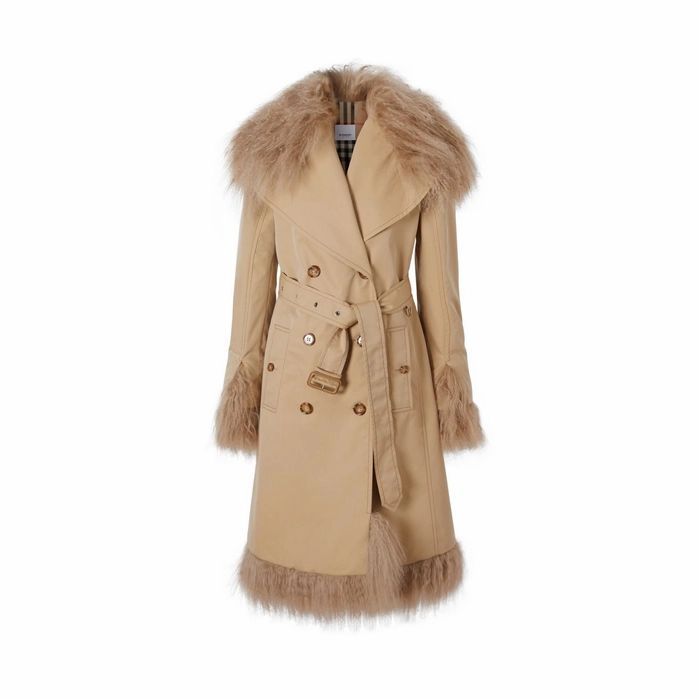Shearling Trim Cotton Gabardine Belted Trench Coat