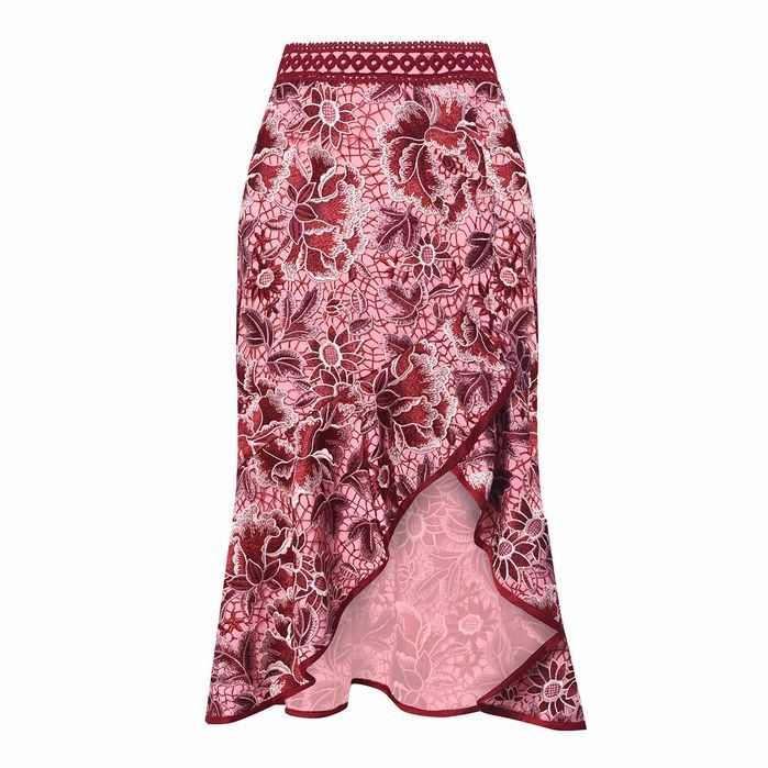 True Decadence Pink Burgundy Lace High Waisted Midi Skirt