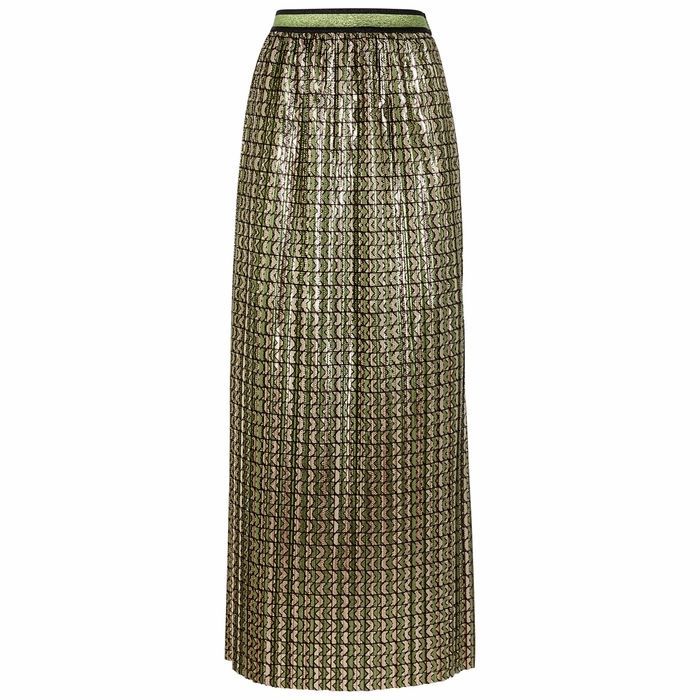 Printed Metallic Plissé Skirt