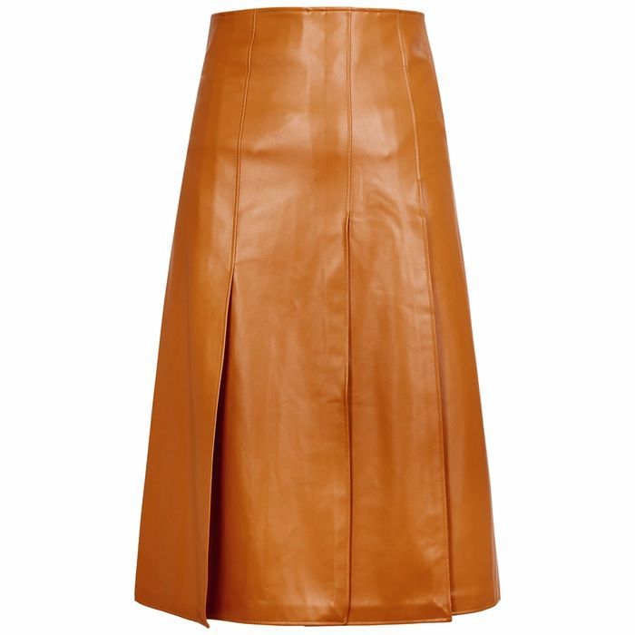 Brown Panelled Faux Leather Midi Skirt