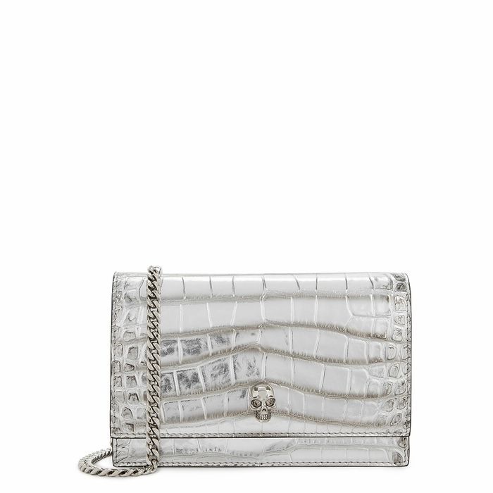 Silver Crocodile-effect Leather Cross-body Bag