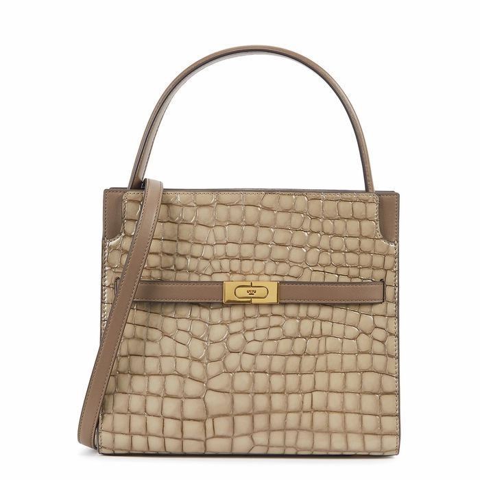 Lee Radziwill Small Double Taupe Leather Top Handle Bag