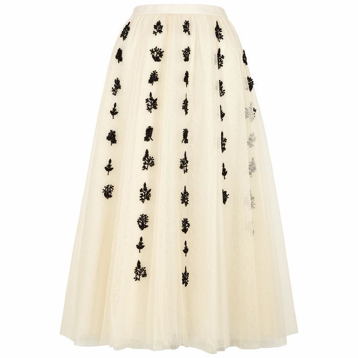 Ivory Embroidered Point D'esprit Midi Skirt