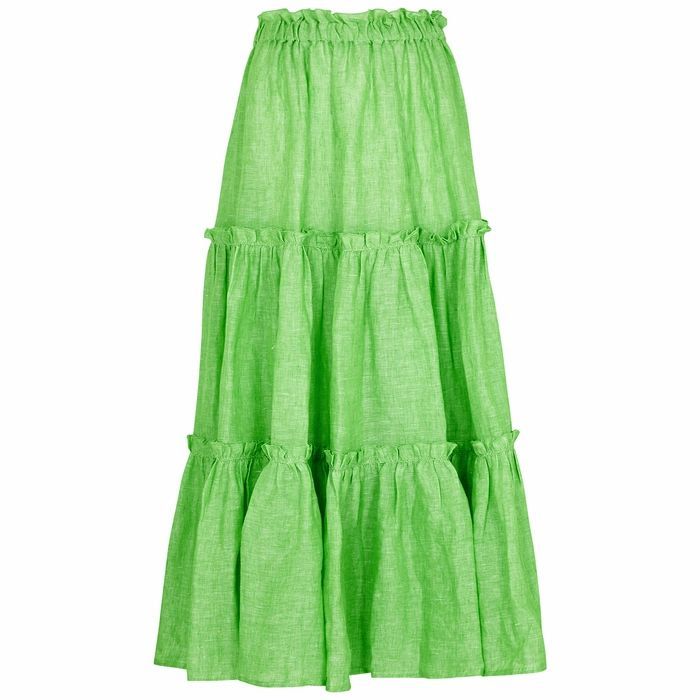 Green Tiered Linen Midi Skirt