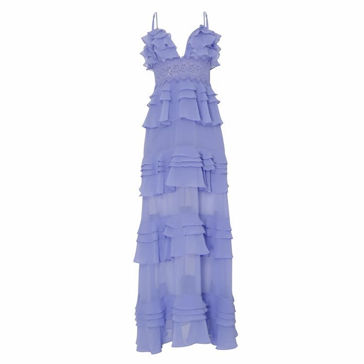 Corn Flower Blue Plunge Front Tiered Ruffle Maxi Dress