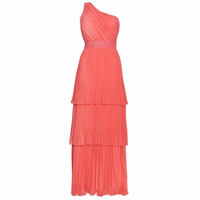 Coral Tiered One Shoulder Pleated Maxi Dress