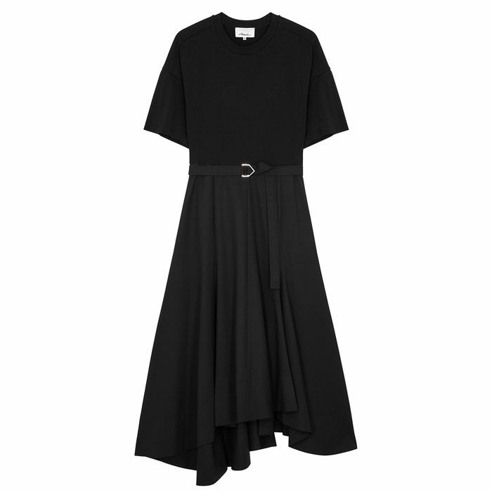 Black Belted Cotton Midi Dress