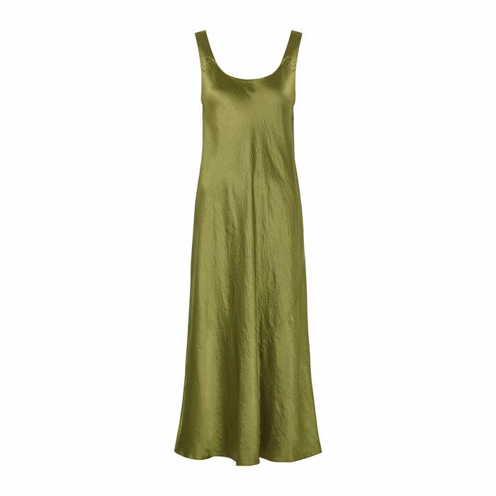 Olive Crinkled Satin Midi Dress