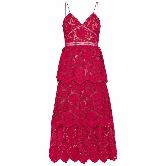 Red Floral Guipure Lace Midi Dress