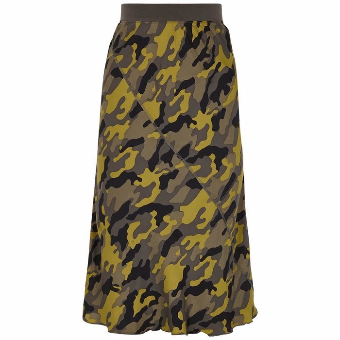 Green Camouflage-print Silk-satin Midi Skirt