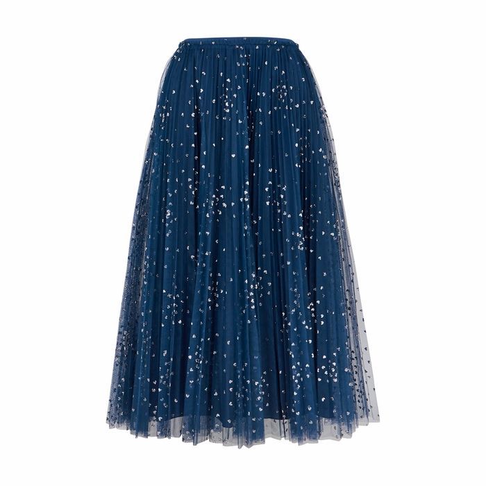 Navy Glittered Tulle Midi Skirt