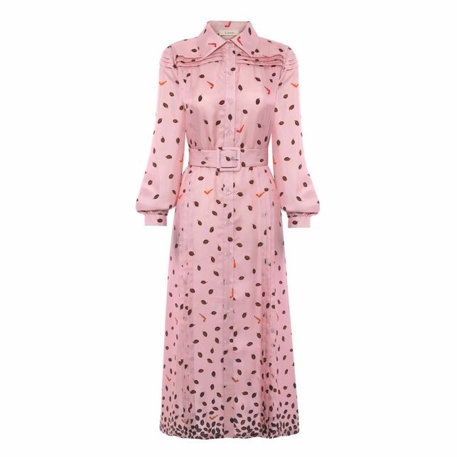 Alina Pink Falling Leaves Silk Shirt Dress