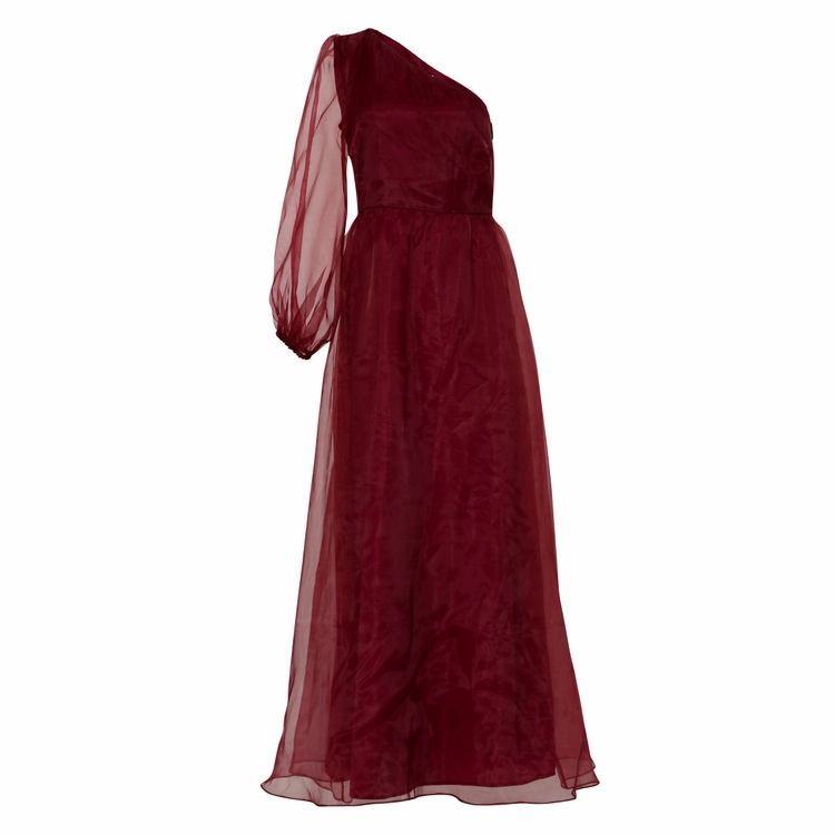 Burgundy One Shoulder Tulle Maxi Dress