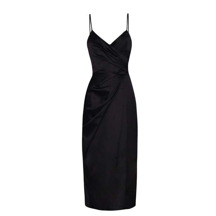 Black Satin Wrap Front Cami Midi Dress