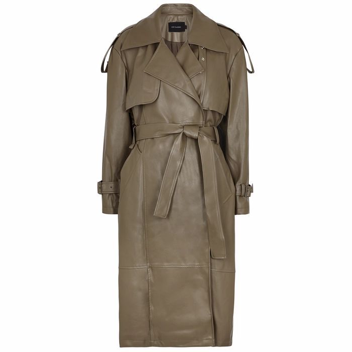 Taupe Belted Faux Leather Trench Coat