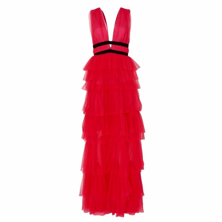 Hot Pink Plunge Front Tulle Layered Maxi Dress