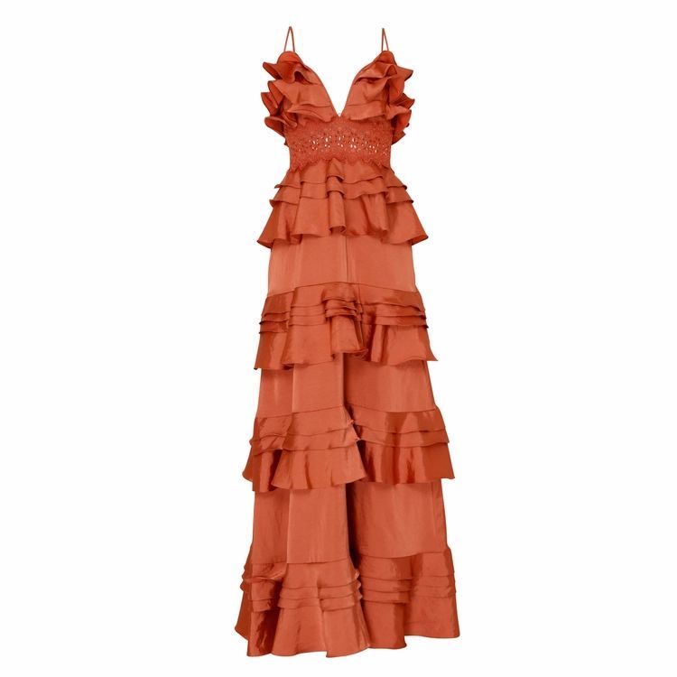 Rust Satin Plunge Front Tiered Ruffle Maxi Dress