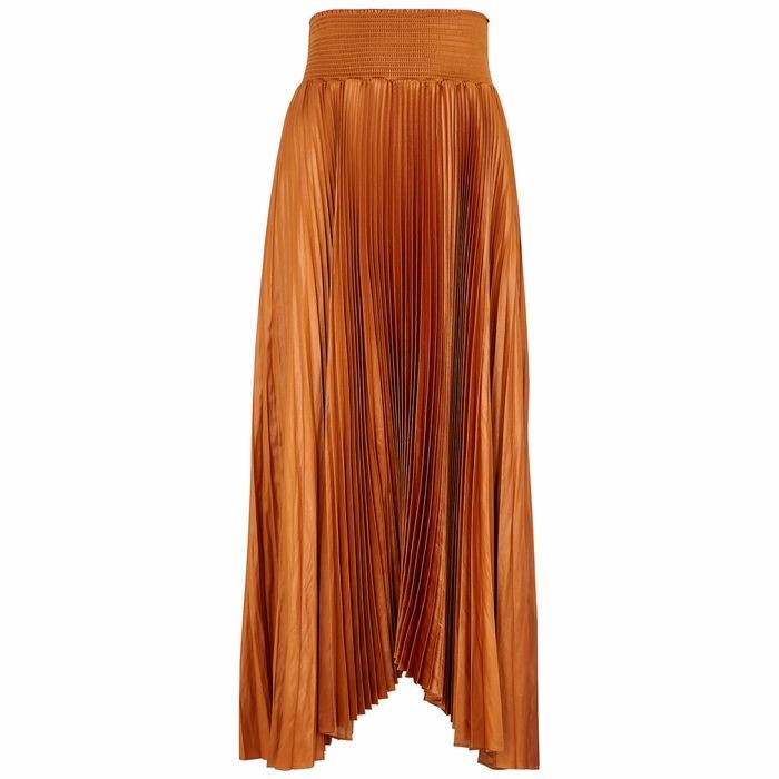 Demi Rust Pleated Satin Midi Skirt