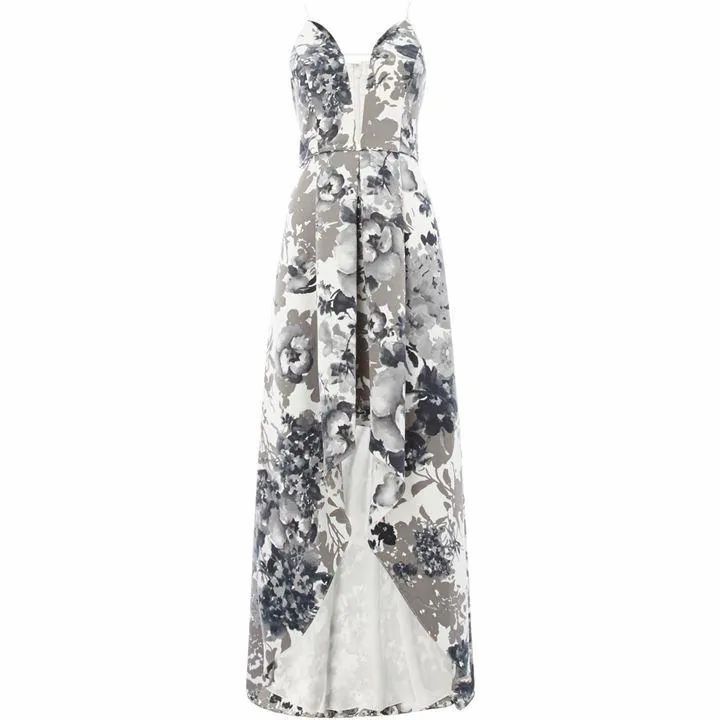 V neck printed gown with high low hem