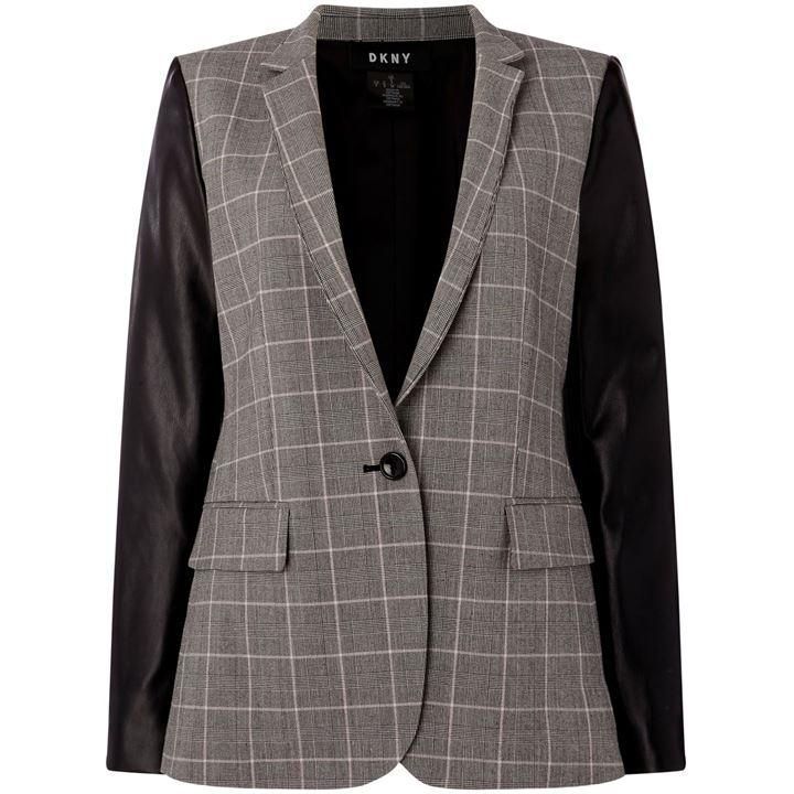 Collar check jacket with faux leather sleeves