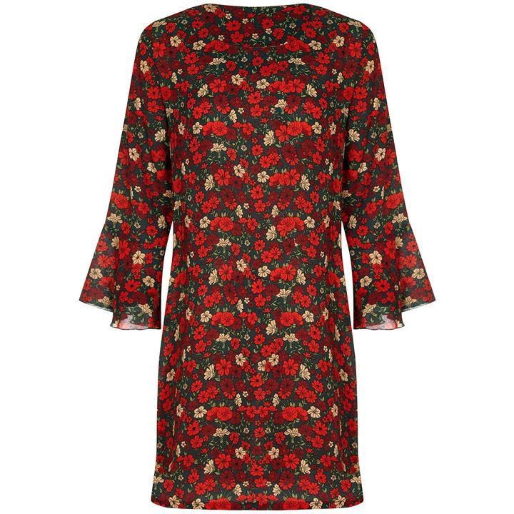 Retro Floral Print Fluted Sleeve Tunic Dress