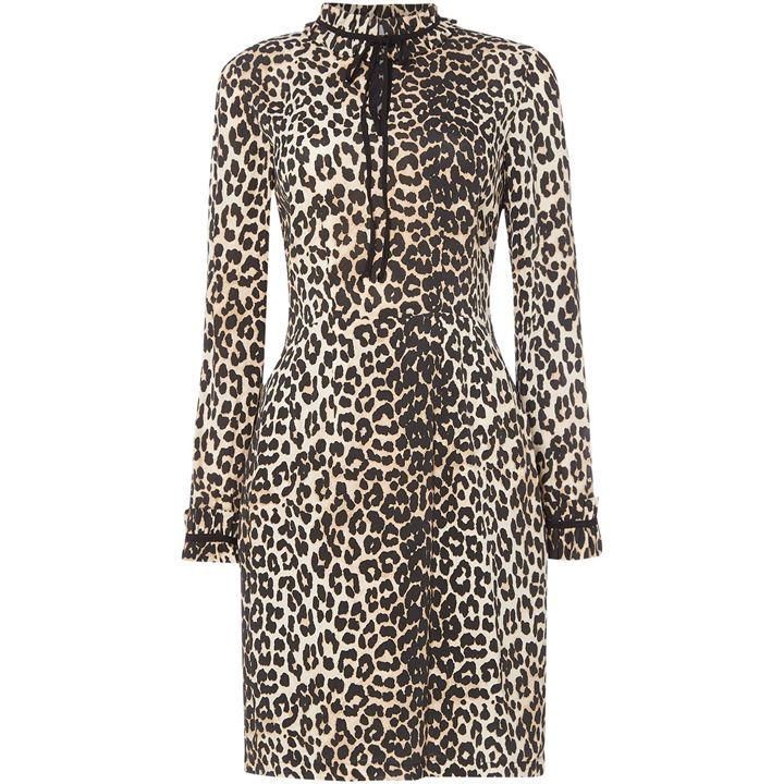 Leopard print frill neck dress