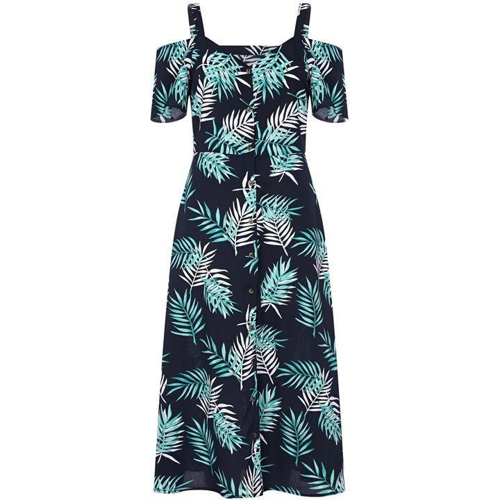 Palm Print Cold Shoulder Dress