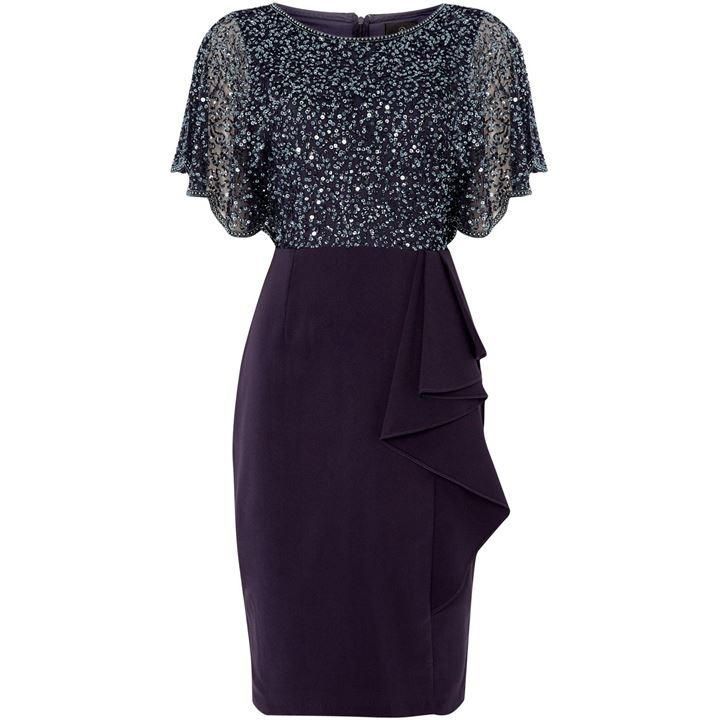 Sequin shift dress with side ruffle