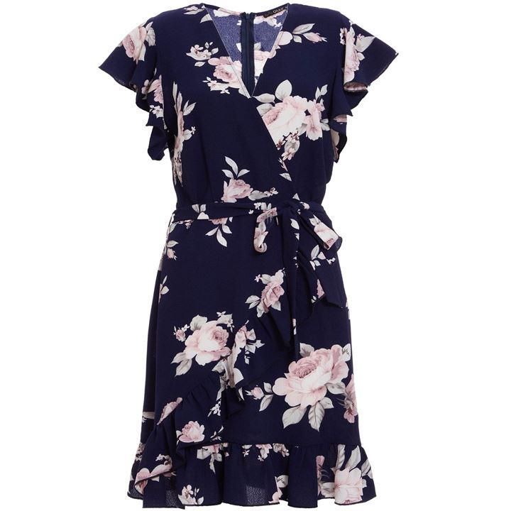 Navy And Pink Floral Wrap Dress