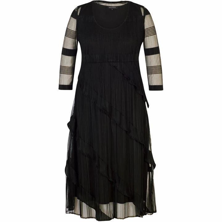Sheer Stripe & Frill Trim Crush Pleat Dress