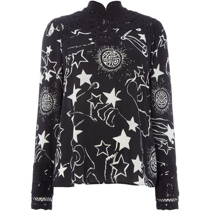Mono constellation print battenberg blouse