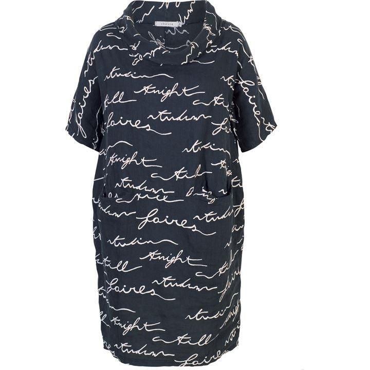 Cowl Neck Linen Dress With Handwriting Print