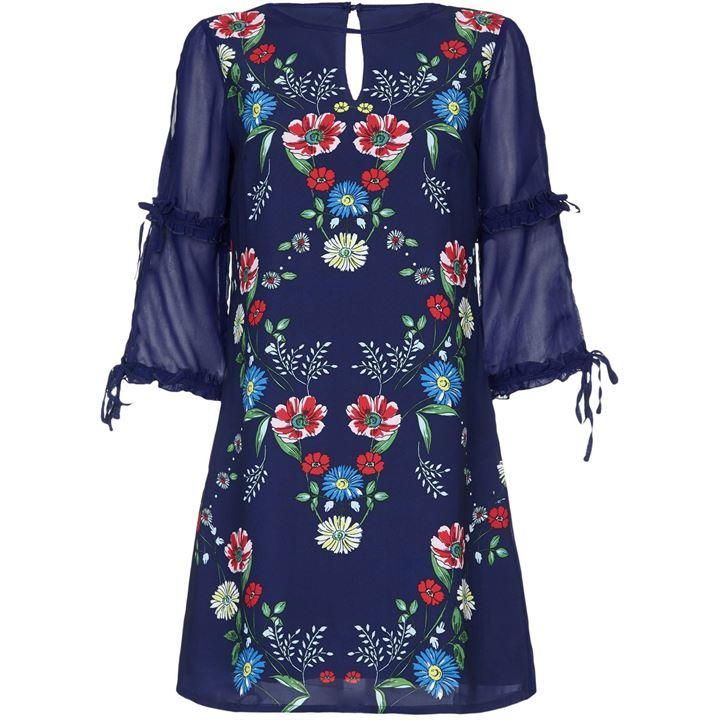 Floral Placement Tunic Dress With Sheer Sleeves