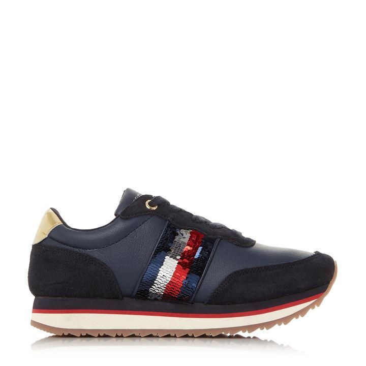 Tommy Hilfiger Sequin Runner Sequin Stripe Lace Up Trainers - Navy