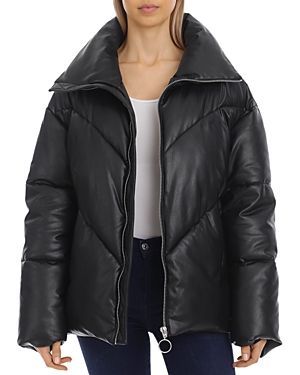 Chevron Quilted Faux Leather Puffer Jacket