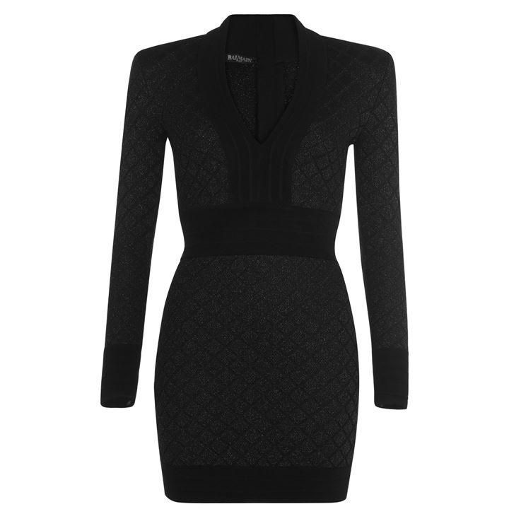 BALMAIN Long Sleeve V Neck Dress - Noir/Argent EAC