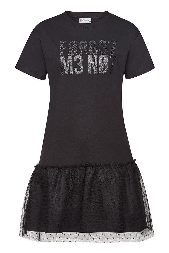 RED Valentino Printed Cotton T-Shirt Dress with Point d'Esprit Tulle