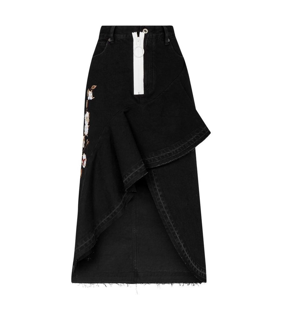 Asymmetric Embroidered Denim Skirt