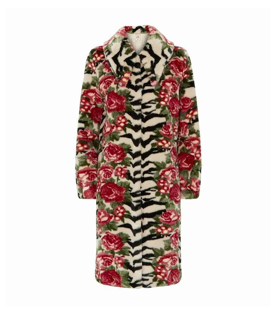 Faux Fur Floral Zebra Coat