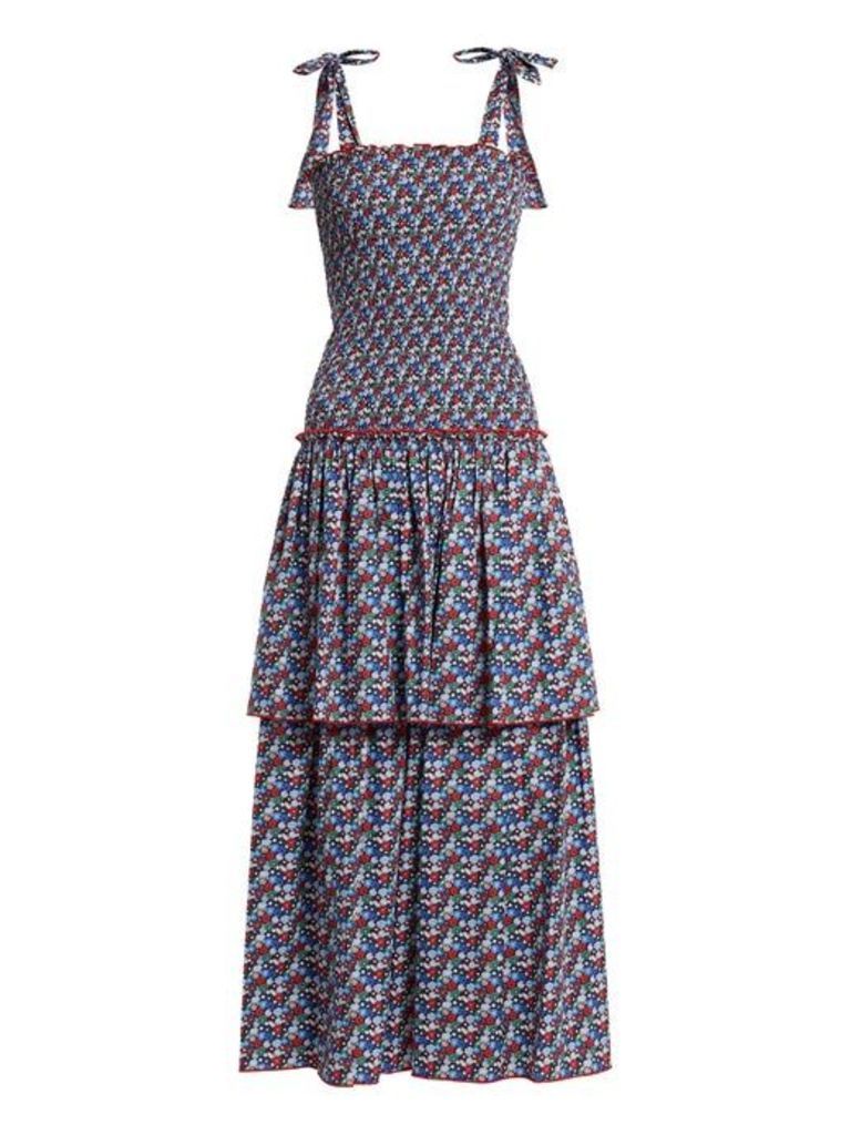 Gül Hürgel - Floral Print Smocked Cotton Dress - Womens - Blue Print