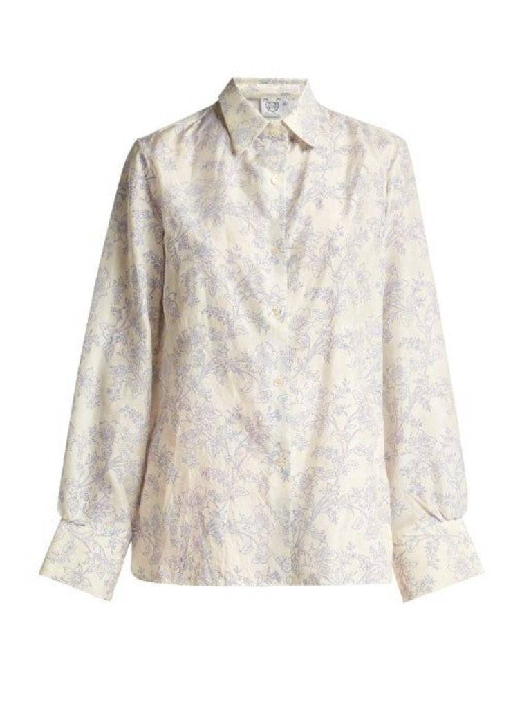 Thierry Colson - Arthur Floral-print Silk Pyjama Shirt - Womens - Blue White