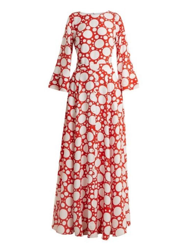 Rebecca De Ravenel - Lola Polka-dot Print Bell-sleeved Dress - Womens - Red Multi
