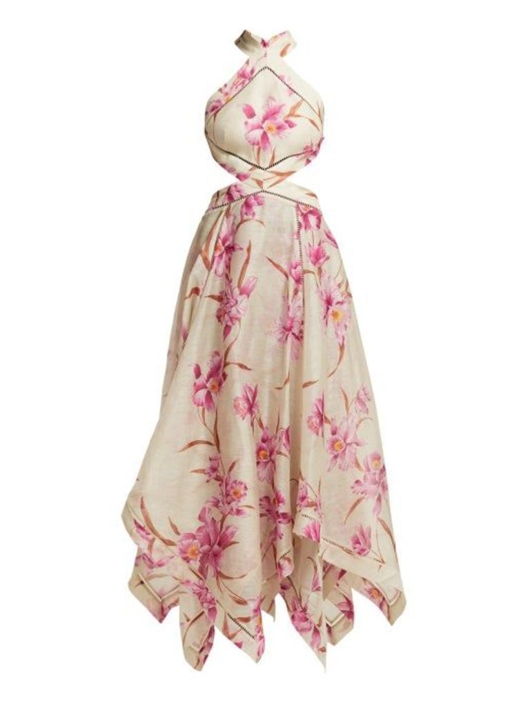 Zimmermann - Corsage Orchid Print Linen Blend Midi Dress - Womens - Pink Print