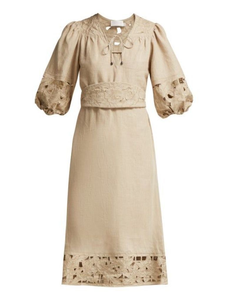 Zimmermann - Juno Belted Guipure Lace Linen Dress - Womens - Beige