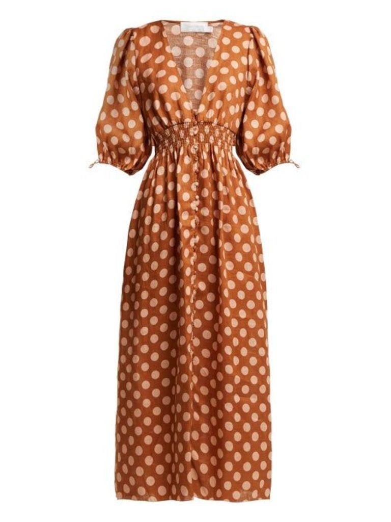 Zimmermann - Primrose Shirred Polka Dot Linen Dress - Womens - Tan Print