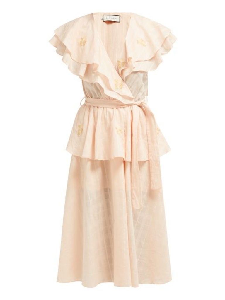 Innika Choo - Rose-embroidered Cotton-voile Midi Dress - Womens - Pink Multi