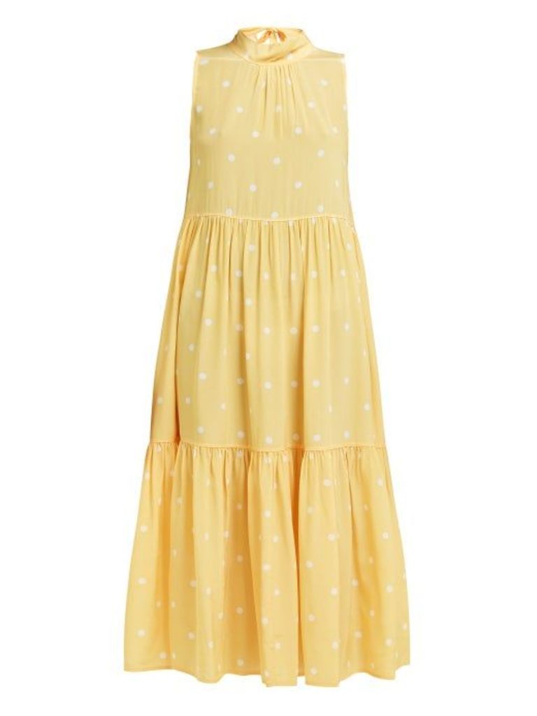 Asceno - Polka Dot Tiered Silk Crepe Midi Dress - Womens - Yellow